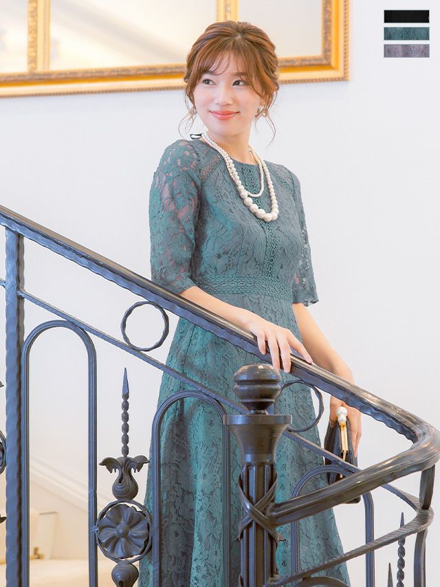 セレモニースーツ レディース パンツスーツ 入学式 入園式 ママ 卒業式 卒園式 フォーマル myMinette マイミネット ラウンドネックフラワーレース5部袖フレアロングスカート結婚式パーティードレス 