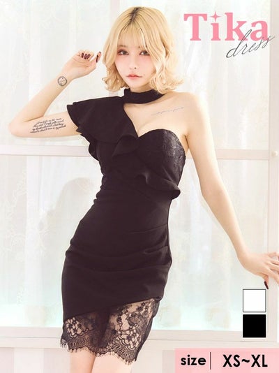 キャバドレス ミニ丈 キャバクラ クラブ ラウンジ ワンショルダー レース 切り替えバストフレア タイトミニドレス