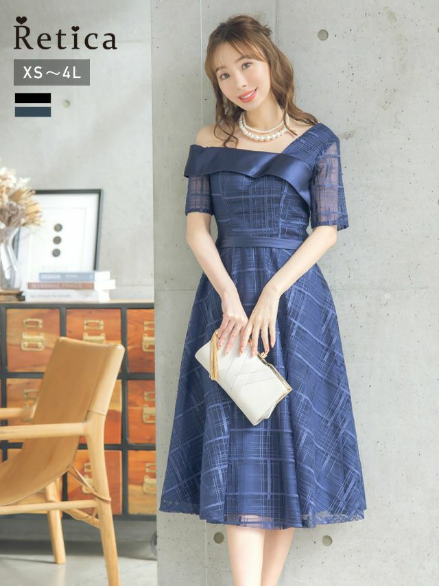 レディース お呼ばれ 膝丈 袖あり 体型カバー myMinette マイミネット ワンカラー シースルー チェック 5部袖 フレア 膝下 ワンショルダー 結婚式 パーティードレス