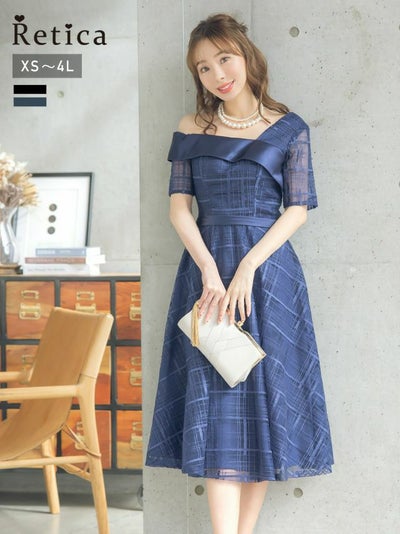 レディース お呼ばれ 膝丈 袖あり 体型カバー myMinette マイミネット ワンカラー シースルー チェック 5部袖 フレア 膝下 ワンショルダー 結婚式 パーティードレス