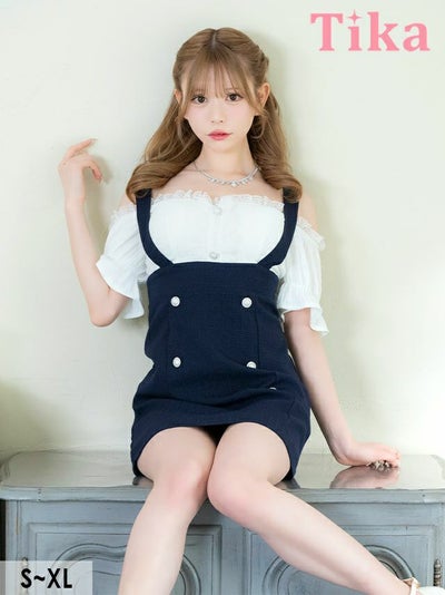 キャバドレス ミニ丈 キャバクラ クラブ ラウンジ 肩あき シフォン パフスリーブ 切り替え ツイード ダブルボタン サロペット風 フレアミニドレス