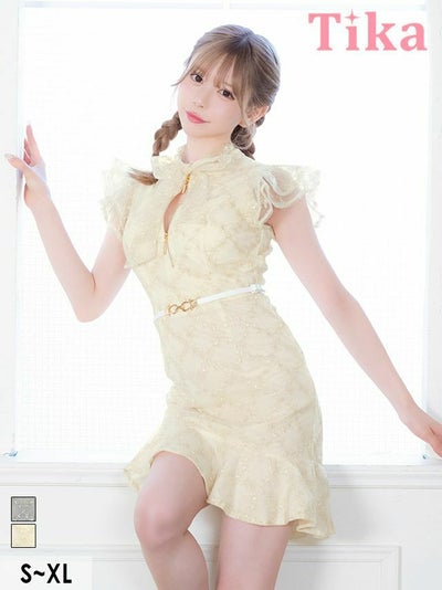 キャバドレス ミニ丈 キャバクラ クラブ ラウンジ ウエストベルト付き バストジップ ノースリーブ ネックリボン フラワー刺繍 チェック柄 裾フリル タイトミニドレス