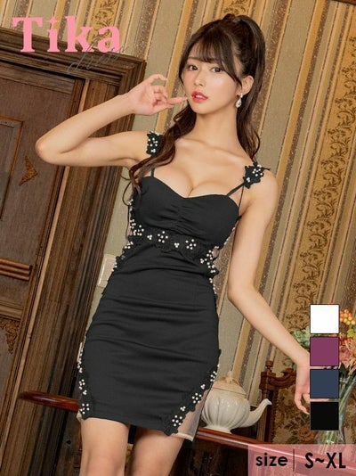 キャバドレス ミニ丈 キャバクラ クラブ ラウンジ 立体フラワービジューパールくびれシアー切替キャミソールタイトミニドレス