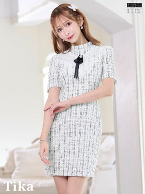 キャバドレス ミニ丈 キャバクラ クラブ ラウンジ ツイード チェック柄 半袖 ハイネック ケミカルレース ネックリボン タイトミニドレス