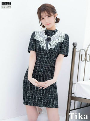 キャバドレス ミニ丈 キャバクラ クラブ ラウンジ ネックリボン フラワーレース 半袖 ツイード チェック柄 タイトミニドレス