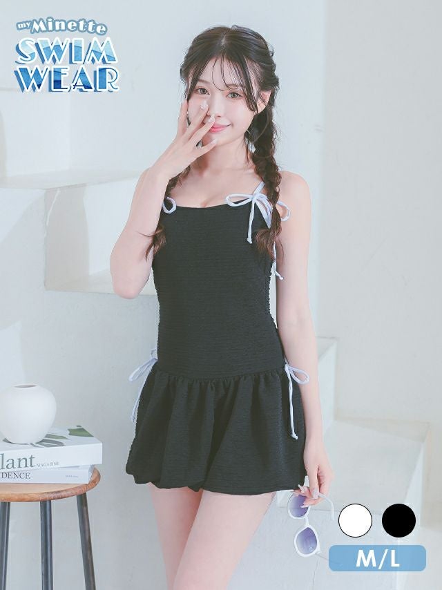 水着 バイカラーリボン 韓国風 体型カバー ガーリー ワンピースビキニ