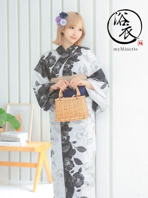 レトロ モノトーン 椿 ゆかた 3点セット