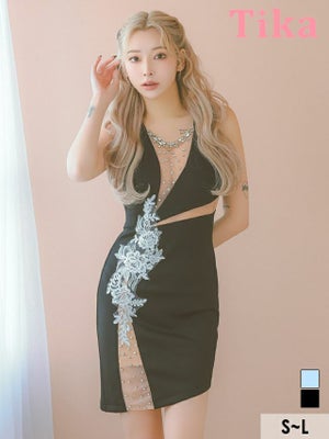 キャバドレス ミニ丈 キャバクラ クラブ ラウンジ ノースリーブ ヌーディーシアーストーン バストシースルー 刺繍 アシメ 谷間魅せ タイトミニドレス