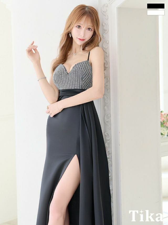 キャバドレス ロング丈 キャバクラ クラブ ラウンジ ゴージャス ラインストーン付き キャミソール ストレッチ タイトロングドレス