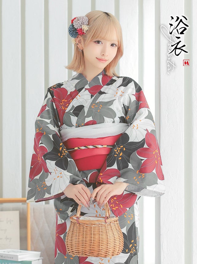 レトロ 埋め尽くし 4色百合 ゆかた2点セット (浴衣+平帯or作り帯)