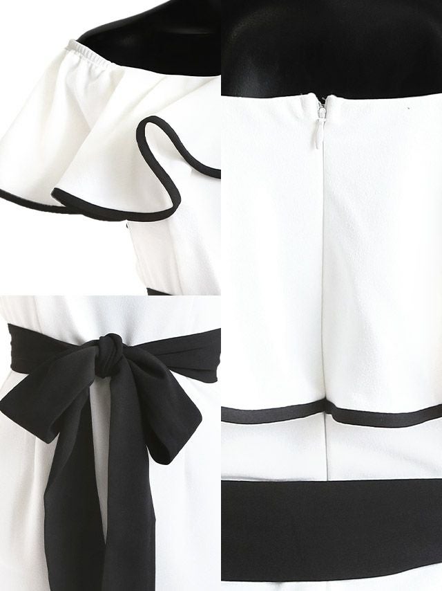 肩のフリルとお腹のリボンで体型カバーできるタイトミニドレスのディティール画像