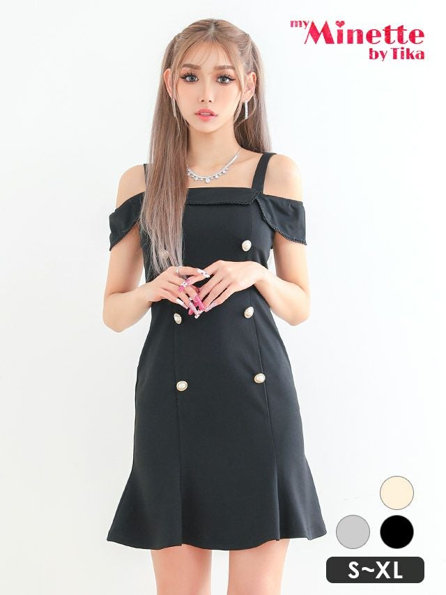 キャバドレス 安い 激安 ミニ丈 キャバクラ クラブ ラウンジ ダブルボタン フリル オフショルダー フリル タイト ミニドレス プチプラドレス