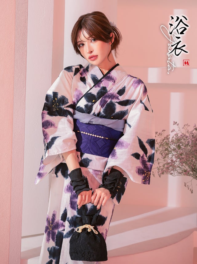 妖艶 白地 水彩 ２色百合 ゆかた3点セット