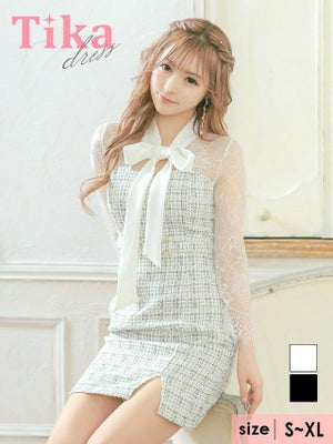 キャバドレス ミニ丈 キャバクラ クラブ ラウンジ レーススリーブ ツイード ウエストベルト ネックリボン 長袖 袖あり タイトミニドレス