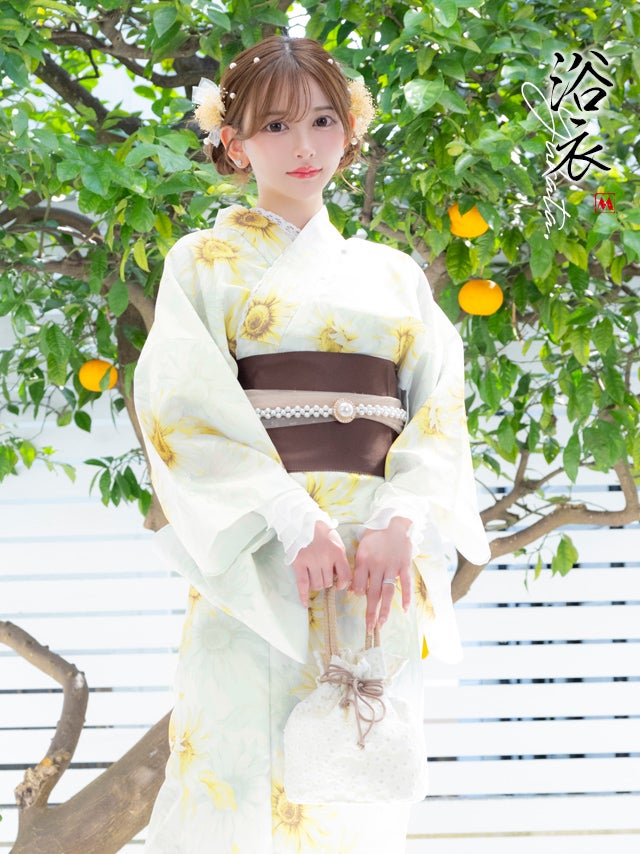 SWEET 白地 水彩 向日葵 ゆかた 3点セット