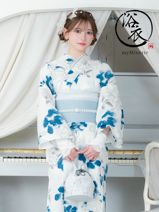 SWEET 白地 線画 水彩フラワー ゆかた 2点セット