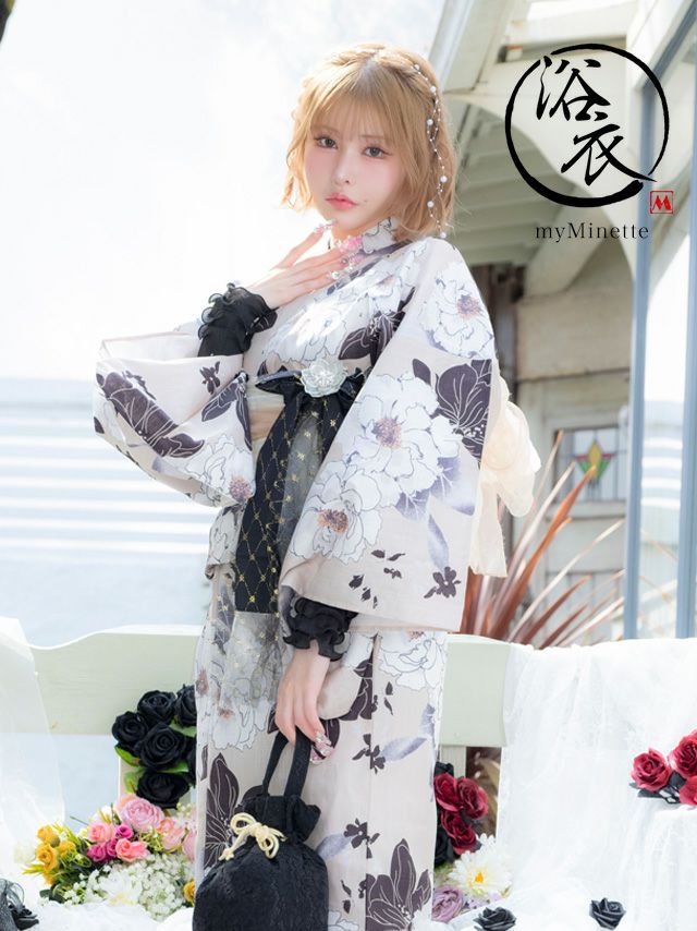 SWEET ベージュ地 2色牡丹 ゆかた 2点セット