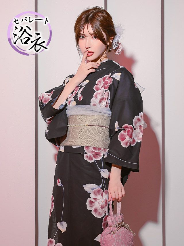 妖艶 黒地 グラデーション シャクナゲ セパレート ゆかた3点セット