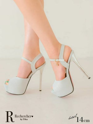 ハイヒール ストラップ ビジューチャーム ラメ サンダル (シルバー) (14cmヒール)