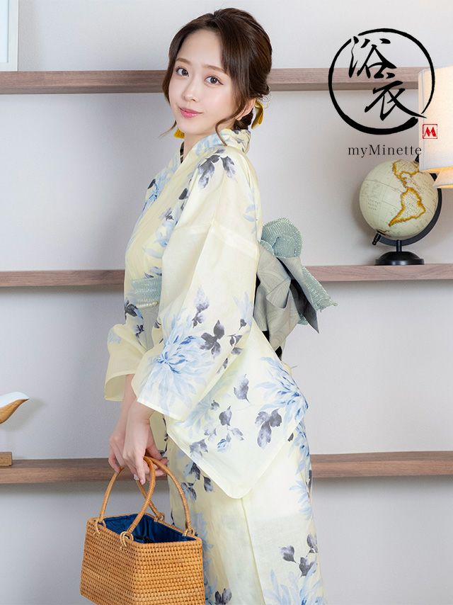 myMinette マイミネット 浴衣 選べる帯 レトロ クリーム地 水彩 ライトブルー菊 ゆかた3点セット