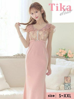 バックスリットあり フラワーレース バストジップ ウエストベルト バック フリル袖 タイトロングドレス (Sサイズ～XXLサイズ) (浦西ひかる/キャバドレス着用)