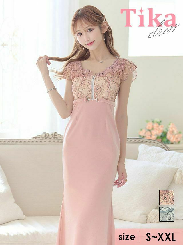 バックスリットあり フラワーレース バストジップ ウエストベルト バック フリル袖 タイトロングドレス (Sサイズ～XXLサイズ) (浦西ひかる/キャバドレス着用)