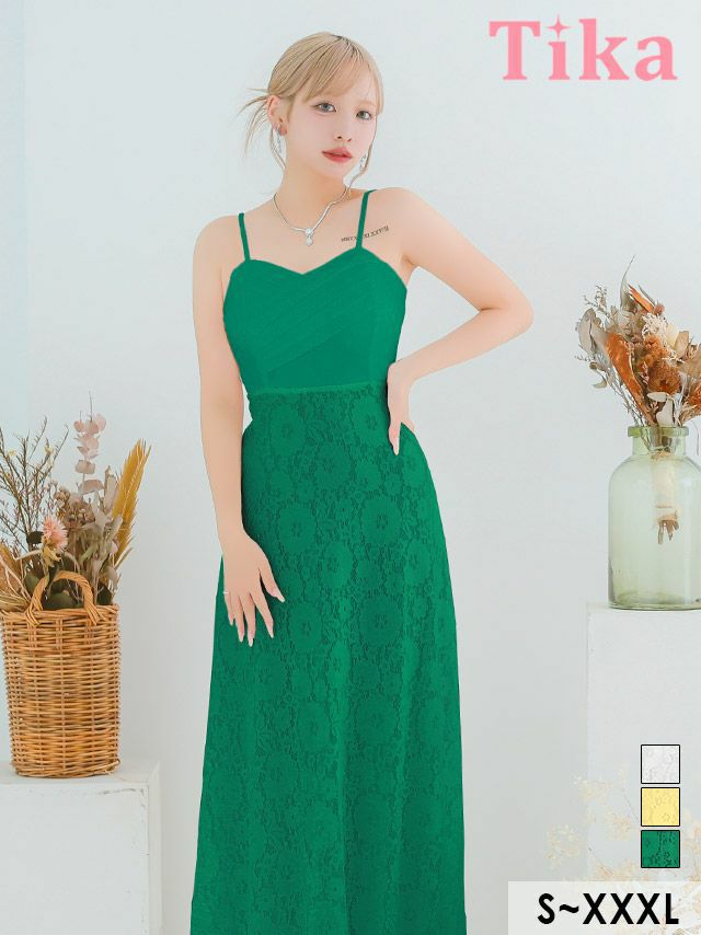 キャバドレス 安い 激安 ミニ丈 キャバクラ クラブ ラウンジ 【キャミソールクロスギャザー切り替えエレガントレースAラインロングドレス (Sサイズ～XXXLサイズ) (重川茉弥/キャ】 プチプラドレス