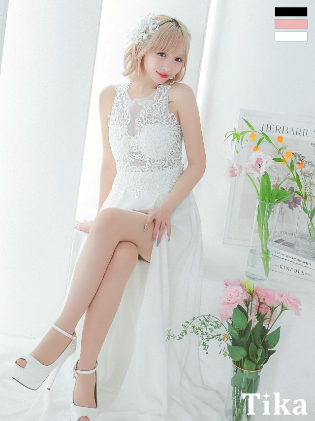 キャバドレス ロング丈 キャバクラ クラブ ラウンジ 刺繍 ビジュー レース ノースリーブ 肌魅せ ハイウエスト切替 スリット Aラインロングドレス