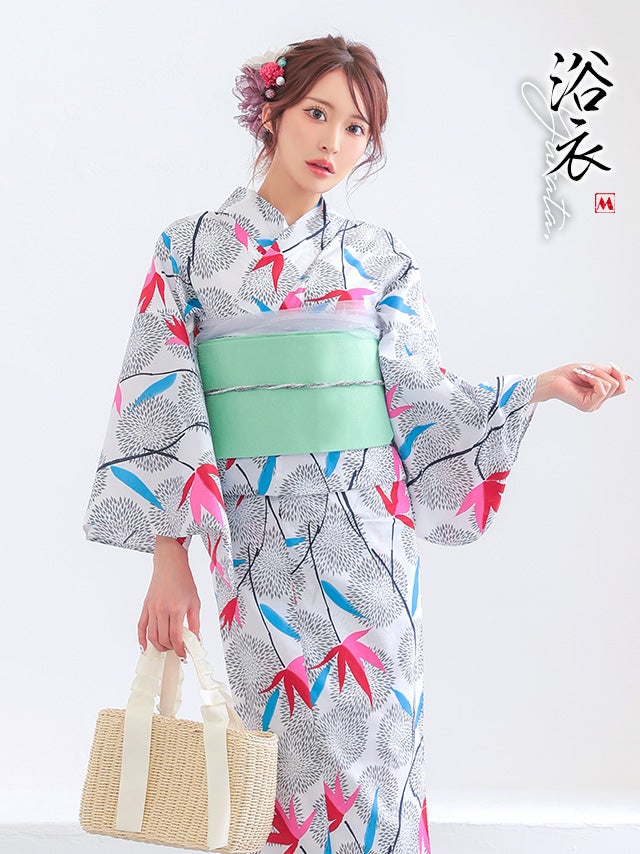浴衣 プチプラ 安い 白色地 × レトロ モダン 菊 紅葉 柄 2点セット