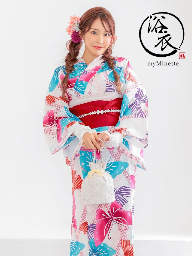 浴衣 プチプラ 安い 白色地 × カラフル 蝶柄 2点セット