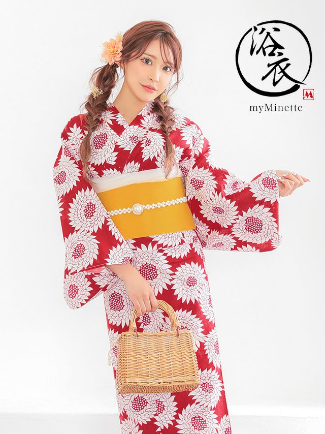 浴衣 プチプラ 安い 赤地 × レトロ 向日葵柄 3点セット