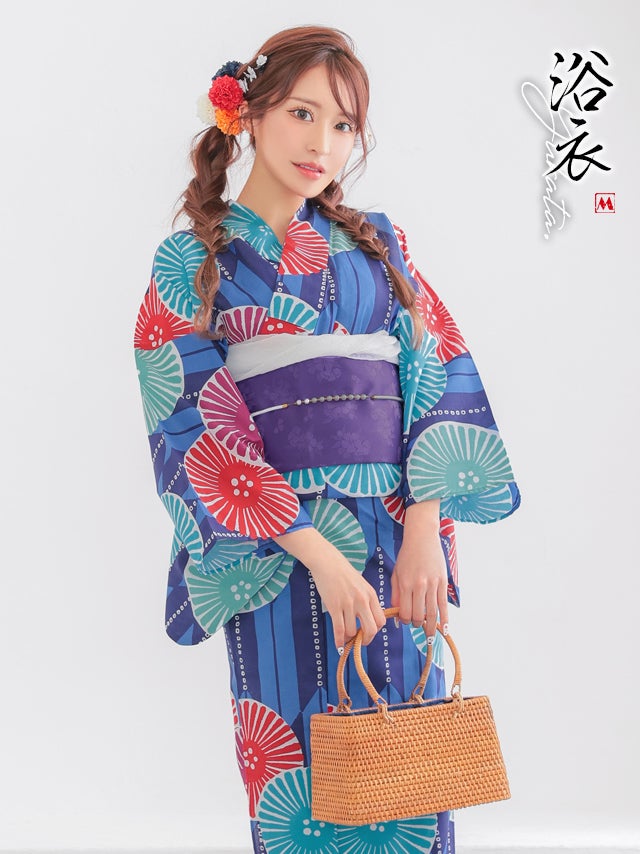 プチプラ 安い 青地 × カラフル 菊柄 レトロ ストライプ 2点セット