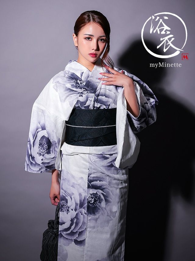 浴衣グラデーション 大柄牡丹 白地 2025 粋シリーズ 3点セット