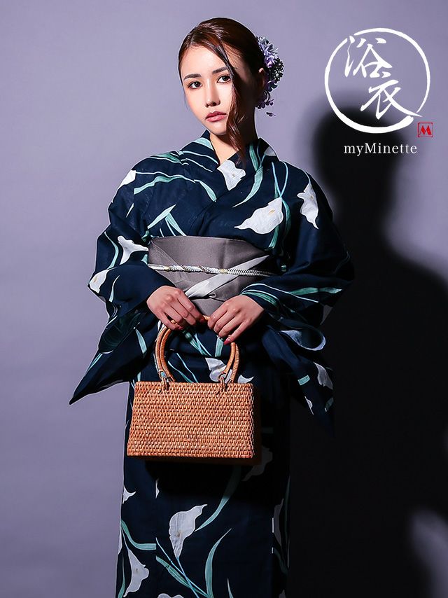 浴衣 選べる帯 粋 濃紺 菖蒲 リーフ 3点セット