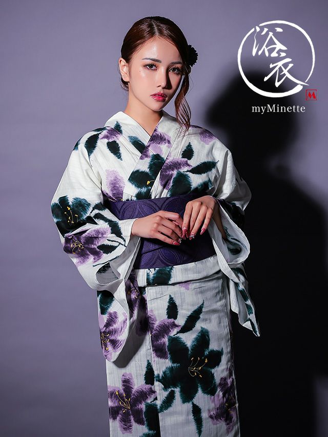 浴衣 粋 白地 水墨 百合 3点セット