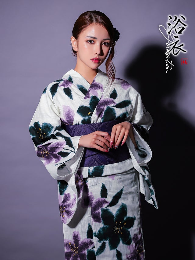 浴衣 粋 白地 水墨 百合 3点セット