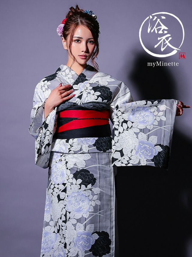 縦縞 モノトーン 薔薇 2025 粋シリーズ ゆかた 3点セット