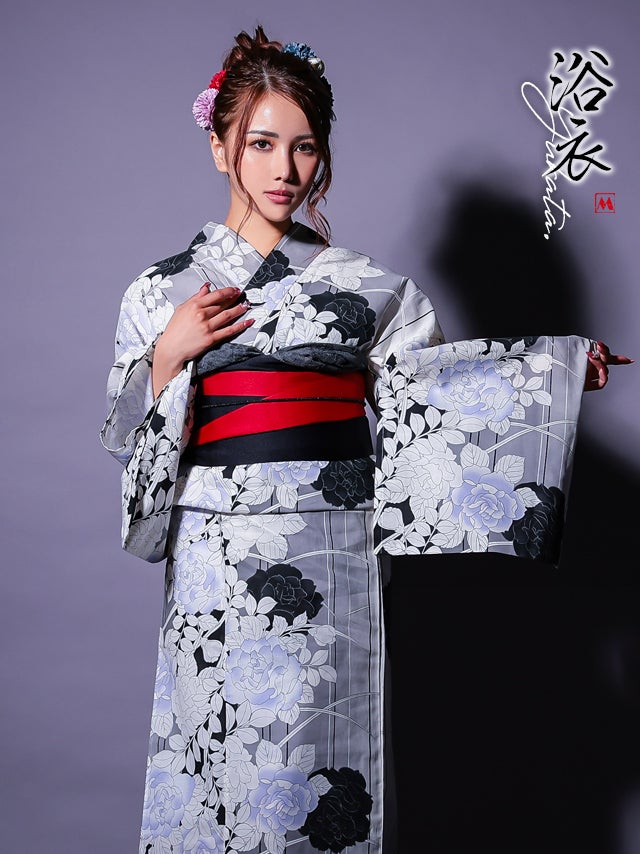 縦縞 モノトーン 薔薇 粋シリーズ ゆかた 2点セット
