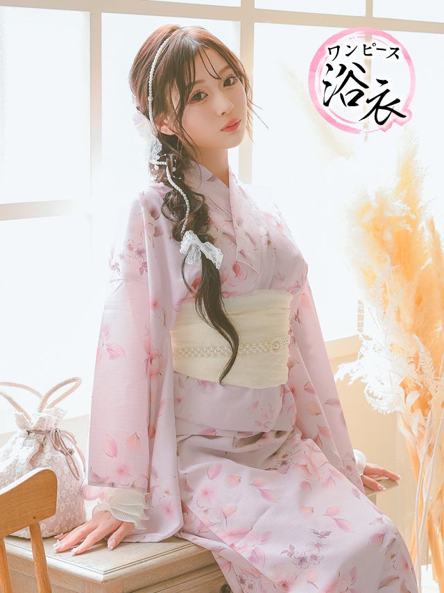 ワンピース浴衣 パウダーピンク ニュアンスフラワー 簡単 一人で着れる 2025 SWEETシリーズ 3点セット