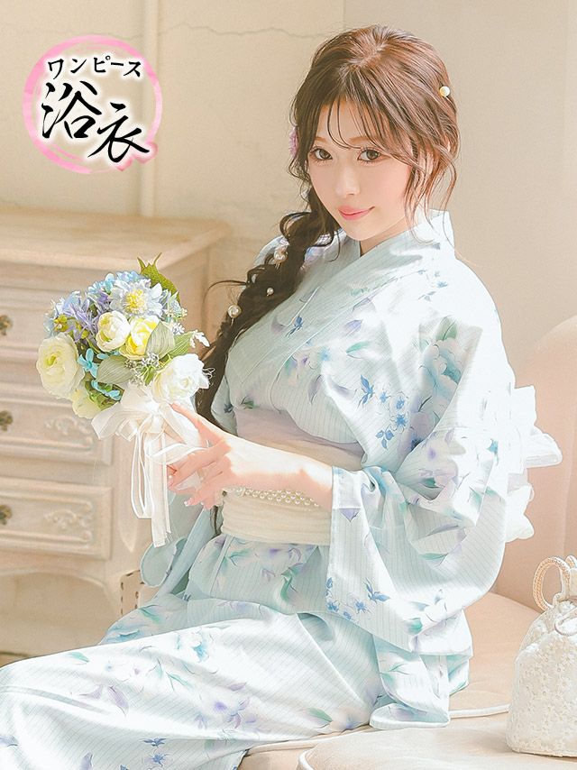 ワンピース浴衣 ベビーブルー ニュアンスフラワー 簡単 一人で着れる 2025 SWEETシリーズ 3点セット