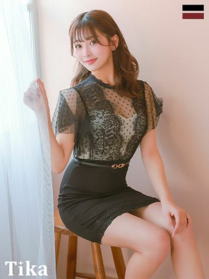 キャバドレス ミニ丈 キャバクラ クラブ ラウンジ タイト ミニドレス 大きいサイズ レース 大人 上品 ハイネック ドット柄 シアー 半袖 ウエストベルト付き