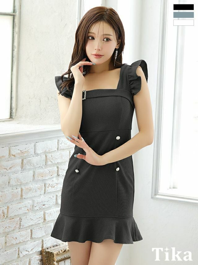 キャバドレス ミニ丈 キャバクラ クラブ ラウンジ スクエアネック ノースリーブ ブリル袖 パールダブルボタン付き 裾フリル ワンカラー タイトミニドレス