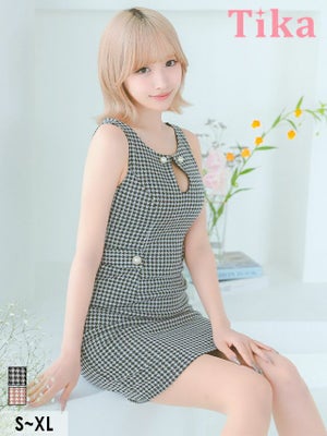 キャバドレス ミニ丈 キャバクラ クラブ ラウンジ 千鳥格子柄 バストカット 谷間魅せ ノースリーブ サイドウエストベルト パール タイトミニドレス