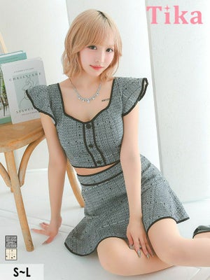 キャバドレス ミニ丈 キャバクラ クラブ ラウンジ ノースリーブ フリル袖 ツイード パイピング セットアップ フレアミニドレス