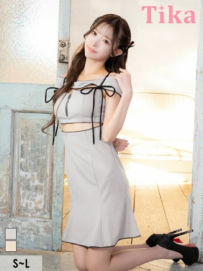 キャバドレス ミニ丈 キャバクラ クラブ ラウンジ Aライン ミニドレス 谷間 肩出し 二の腕カバー コードリボン ジップ ウエストカットアウト シンプル パイピングデザイン