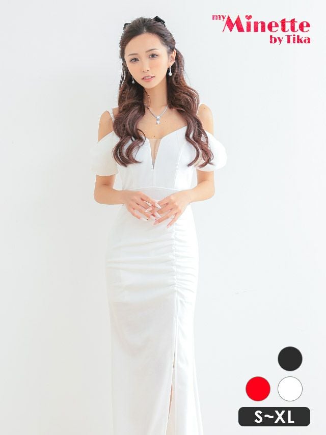 キャバドレス 安い 激安 ミニ丈 キャバクラ クラブ ラウンジ キャミソール シースルー スリット 袖リボン風 肩魅せ セクシー ロングドレス プチプラドレス