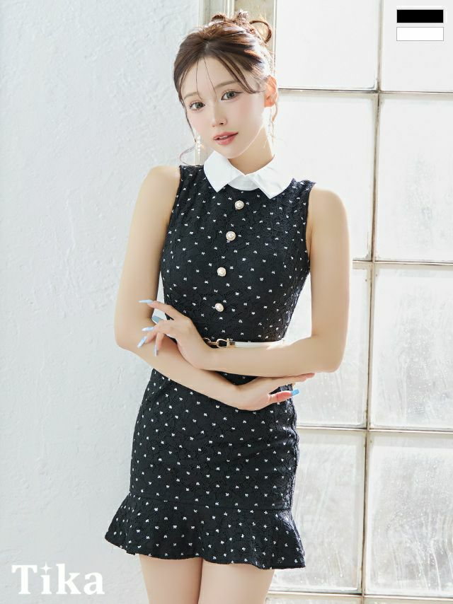 キャバドレス ミニ丈 キャバクラ クラブ ラウンジ スウエストベルト付き 襟付き ノースリーブ パールボタン 総レース ラメ 裾フリル タイトミニドレス