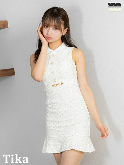 キャバドレス ミニ丈 キャバクラ クラブ ラウンジ ウエストベルト付き ノースリーブ 襟付き 総レース ドット柄 ラメ 裾フリル タイトミニドレス