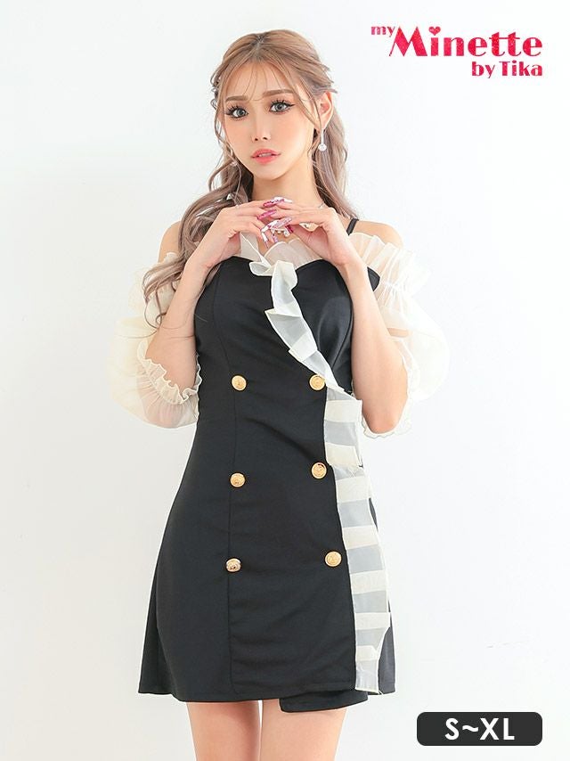 キャバドレス 安い 激安 ミニ丈 キャバクラ クラブ ラウンジ シースルー 肩あき 胸元フリル ダブルボタン フレア 袖あり 五部袖 フレアミニドレス プチプラドレス