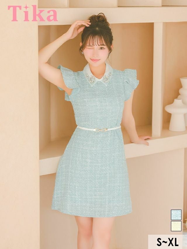 キャバドレス ミニ丈 キャバクラ クラブ ラウンジ 襟付き フラワービジュー フリル袖 ウエストベルト 半袖 ツイード フレアミニドレス